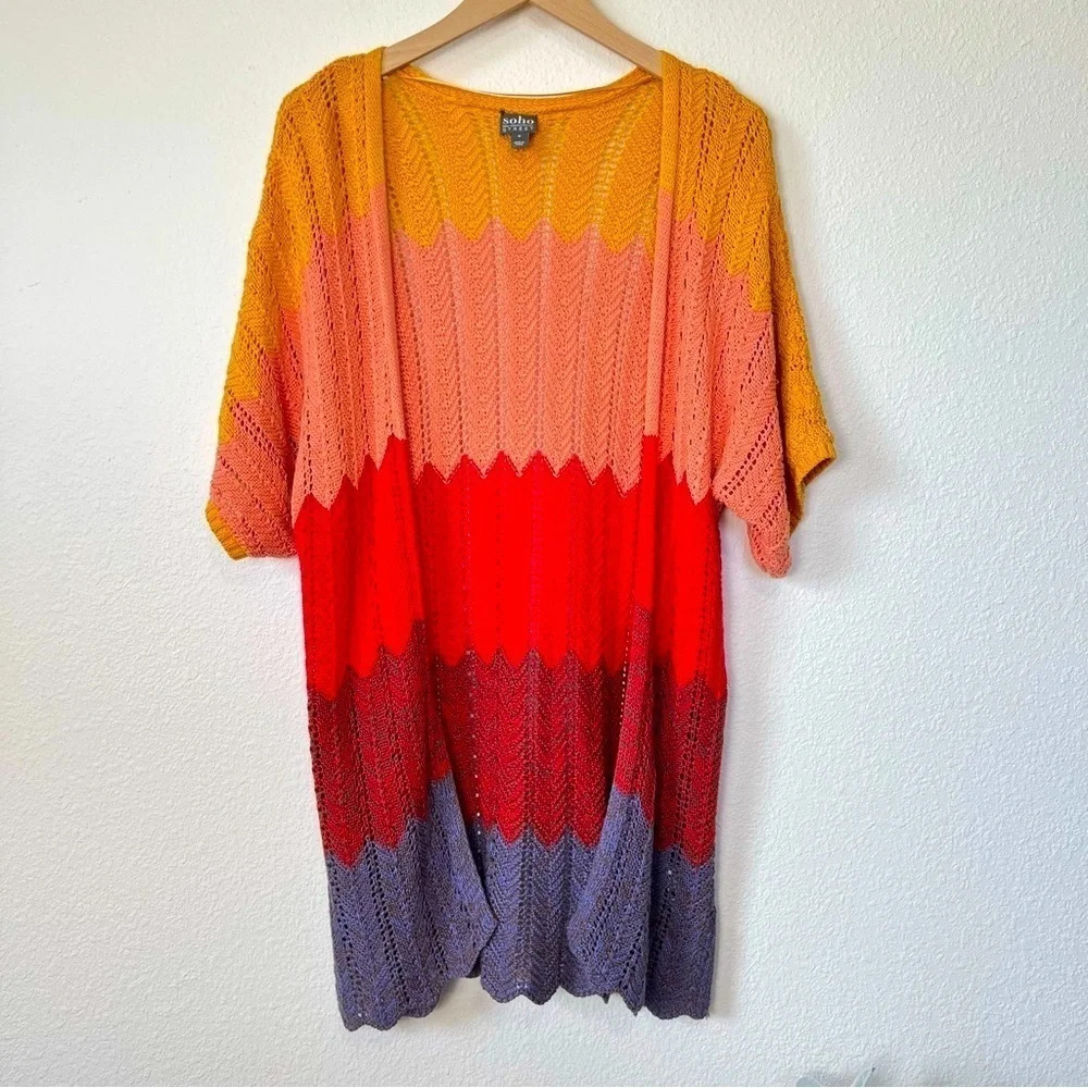 Crochet Knit Open Front Cardigan Artsy Colorful Chevron Size Medium